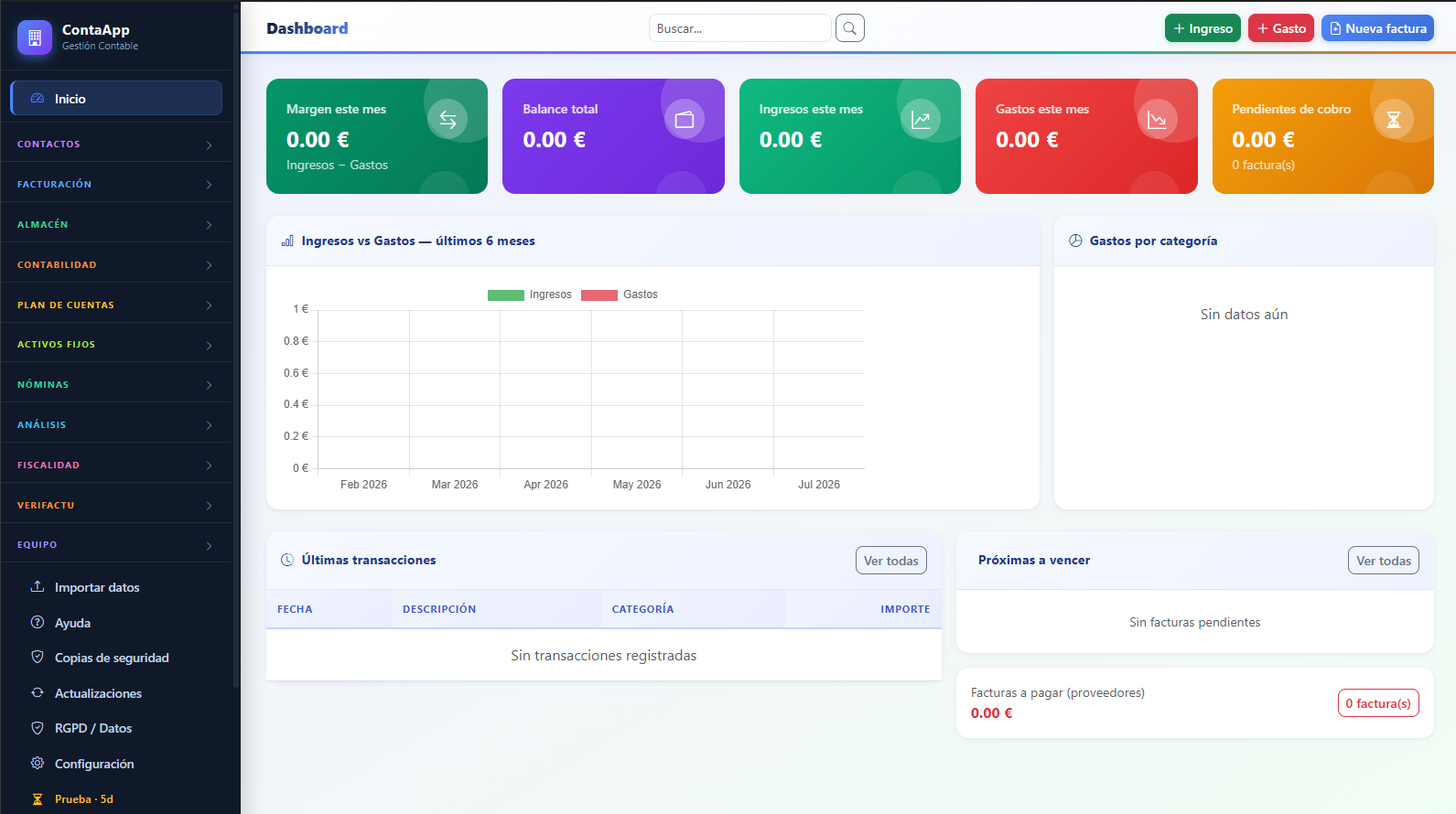 Pantalla principal de ContaApp mostrando el dashboard con ingresos, gastos y gráficas